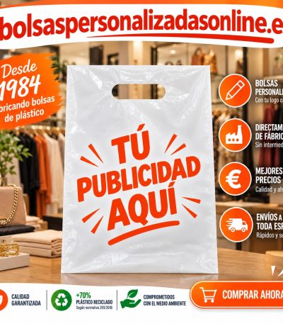 bolsa personalizada asa troquelada de plastico con logo de comercio o tienda impreso