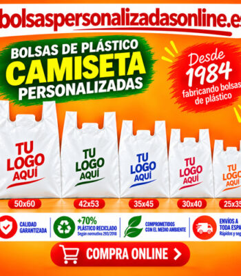 Bolsas de plástico camiseta personalizadas con logo impreso para tiendas y comercios, en diferentes tamaños.