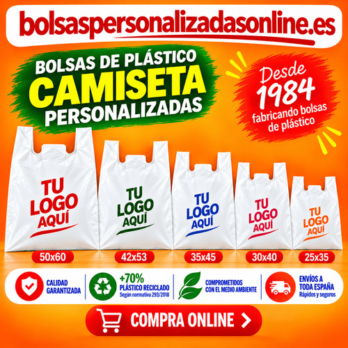Bolsas de plástico camiseta personalizadas con logo impreso para tiendas y comercios, en diferentes tamaños.