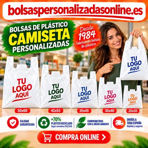 Bolsas de plástico camiseta personalizadas con logo para tiendas y comercios, disponibles en diferentes tamaños y fabricadas desde 1984.