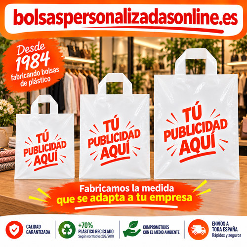bolsas de plastico personalizadas asa lazo para tiendas y comercios de ropa, boutique, deportes entre otros comercios