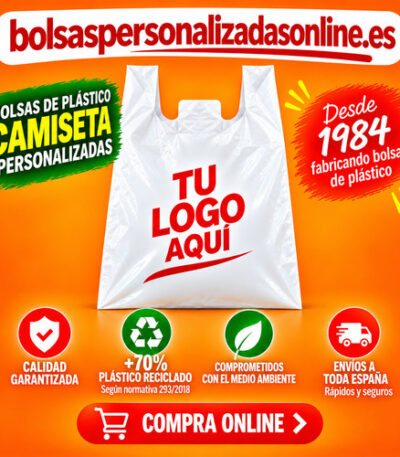 Bolsas de plástico camiseta personalizadas baratas con logo impreso para tiendas y comercios, fabricada con plástico reciclado.