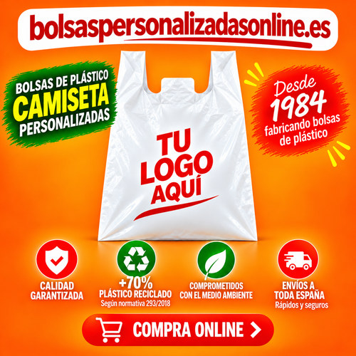 Bolsas de plástico camiseta personalizadas baratas con logo impreso para tiendas y comercios, fabricada con plástico reciclado.