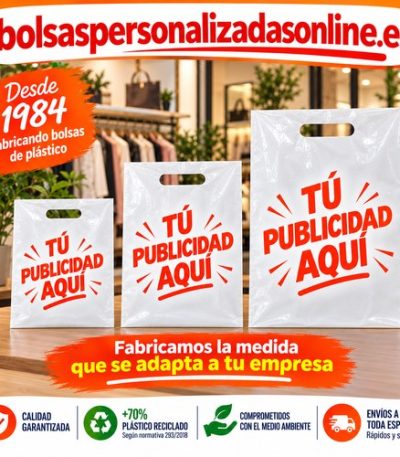 bolsas personalizadas para tiendas en plastico con logotipo impreso de modelo asa troquelada