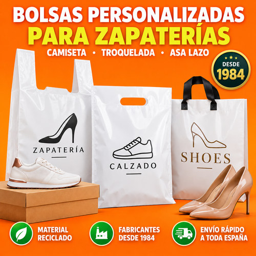 Bolsas de plástico personalizadas para zapaterías con modelos de asa camiseta, troquelada blanca y asa lazo.