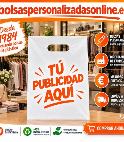 fabricante bolsa personalizada en plastico con asa troquelada para tiendas de ropa, comercios y empresas